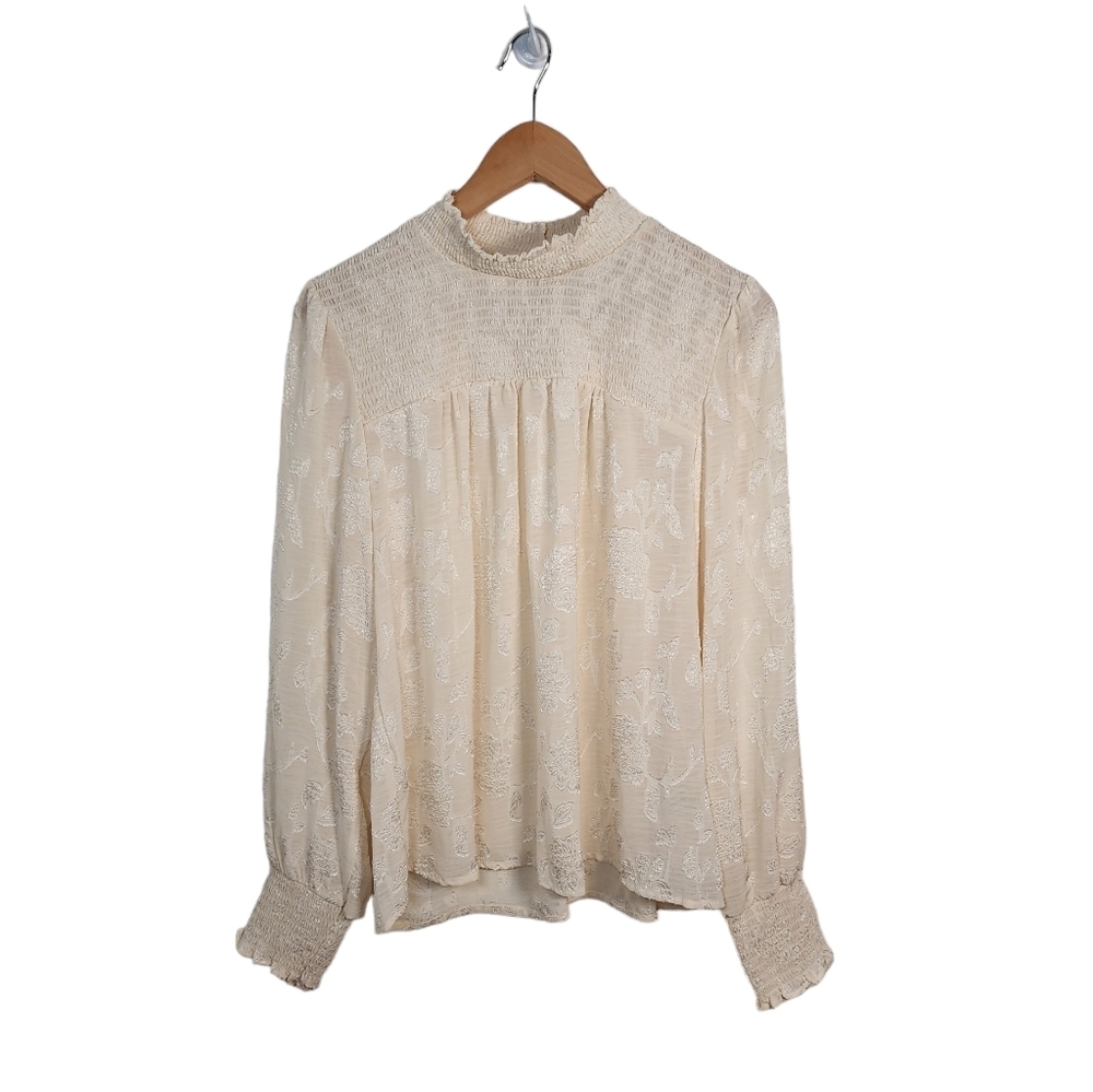 Knox Rose blouse women's Medium long sleeve smocked ivory floral jacquard Top